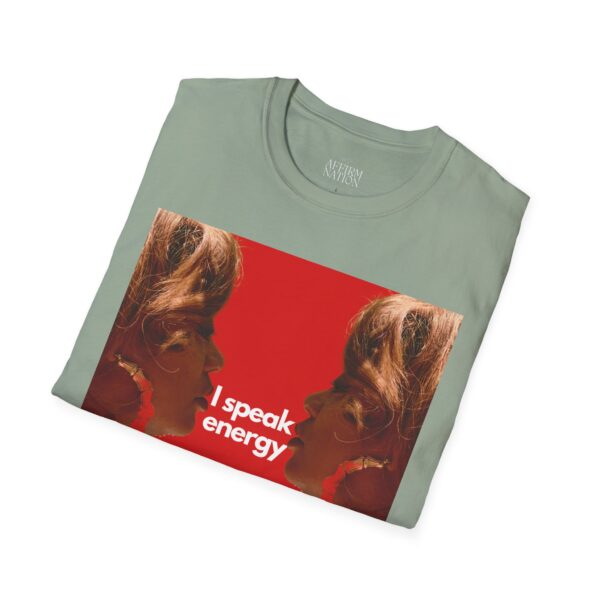 light green folded t-shirt that features affirmation artist Toni Jones on the right and left side of red square with I speak energy in the middle.